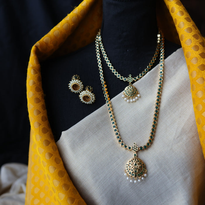 Heritge gold plated green stone long and short necklave with jumka HPS3211