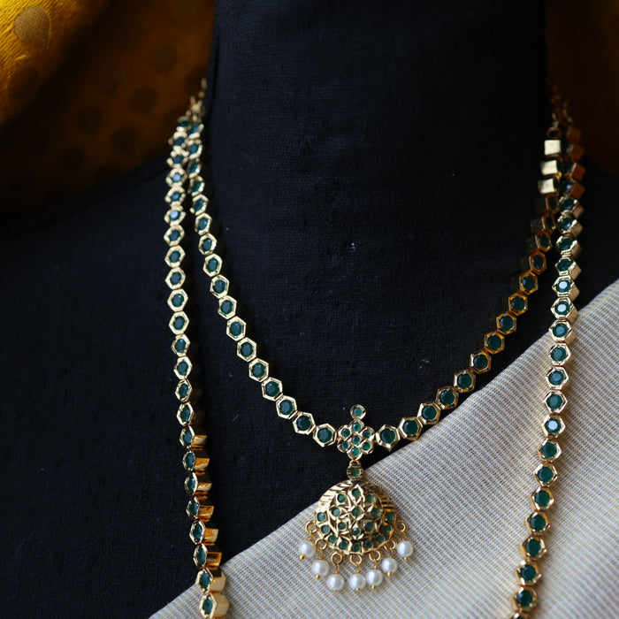 Heritge gold plated green stone long and short necklave with jumka HPS3211