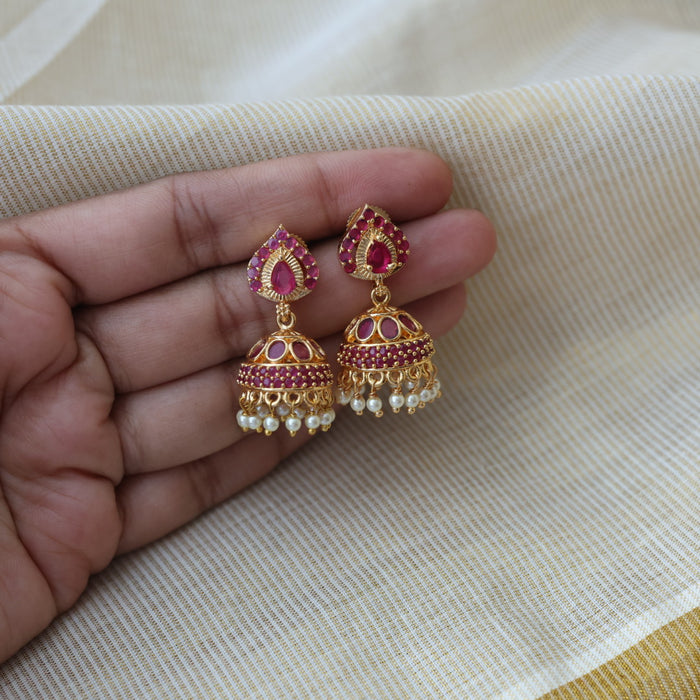 Heritage gold plated ruby stone jumka earrings HJ582