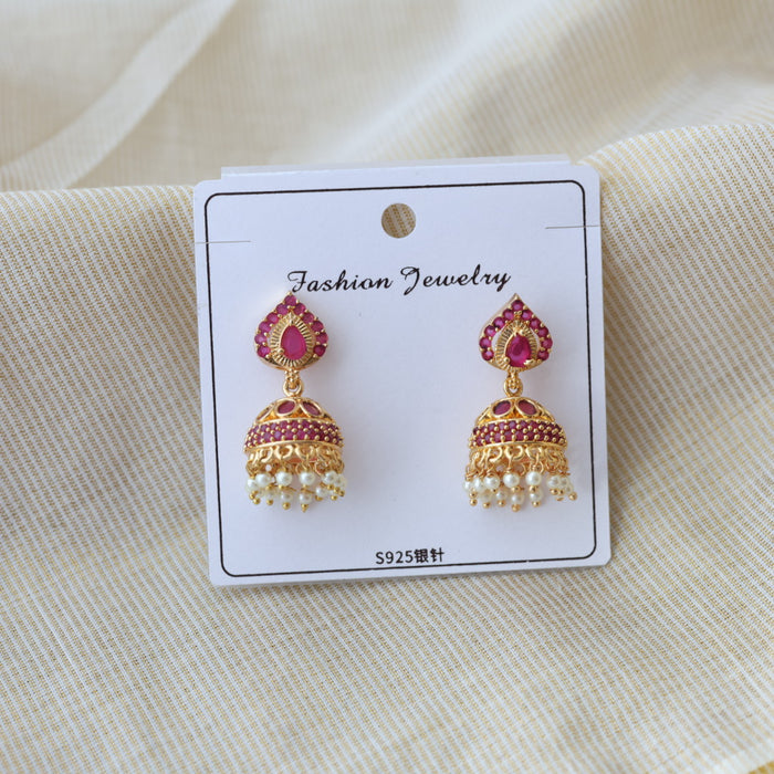 Heritage gold plated ruby stone jumka earrings HJ582