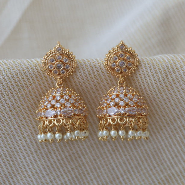 Heritage gold plated white stone jumka earrings HJ9132