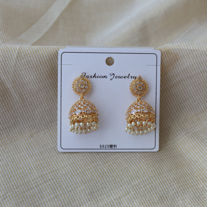 Heritage gold plated white stone jumka earrings HJ9132