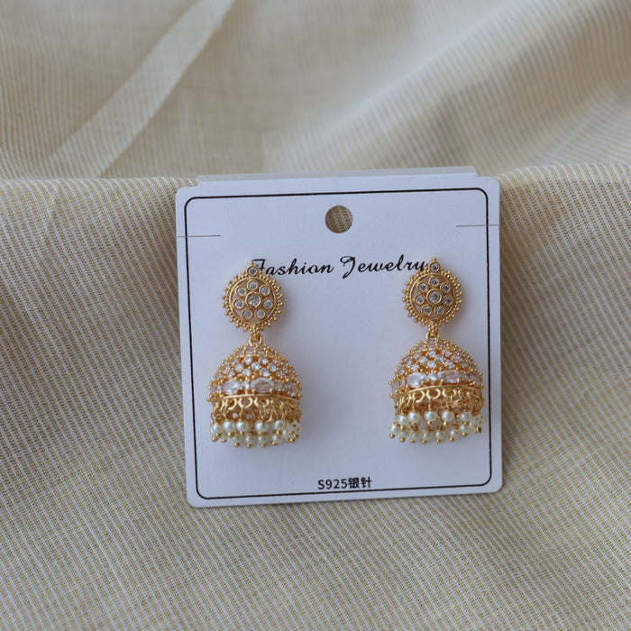 Heritage gold plated white stone jumka earrings HJ9132