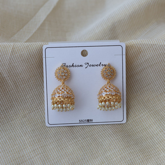 Heritage gold plated white stone jumka earrings HJ9132