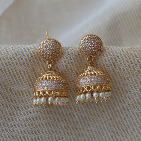Heritage gold plated white stone jumka earrings HJ1723