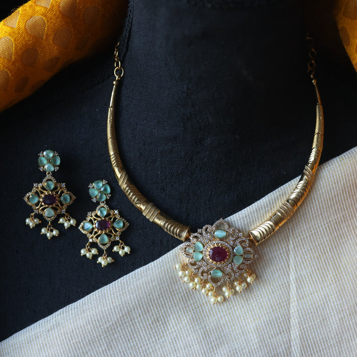Antique mint stone short necklace with earrings AG5332
