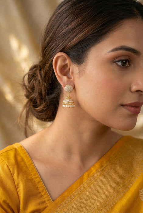 Heritage gold plated white stone jumka earrings HJ1723