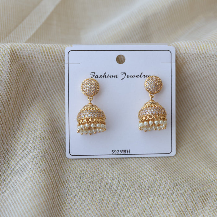Heritage gold plated white stone jumka earrings HJ1723