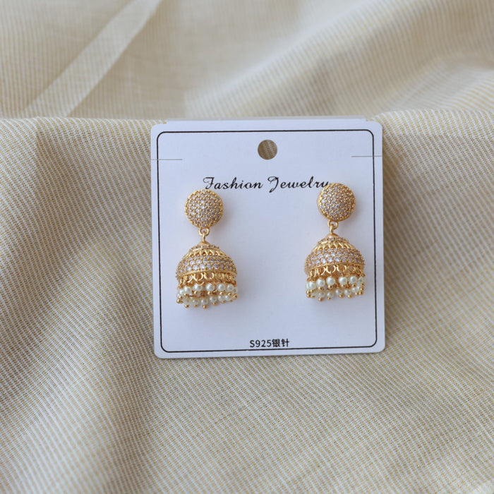 Heritage gold plated white stone jumka earrings HJ1723