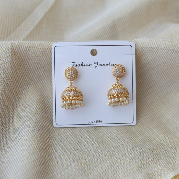 Heritage gold plated white stone jumka earrings HJ1723