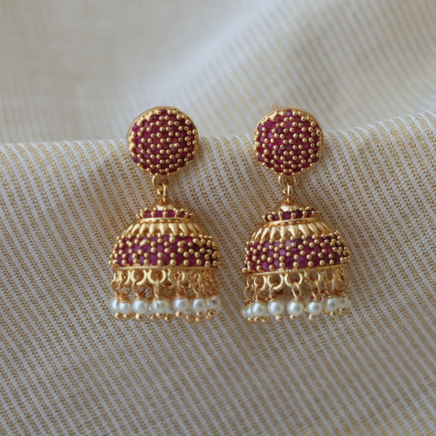 Heritage gold plated ruby stone jumka earrings HJ2738