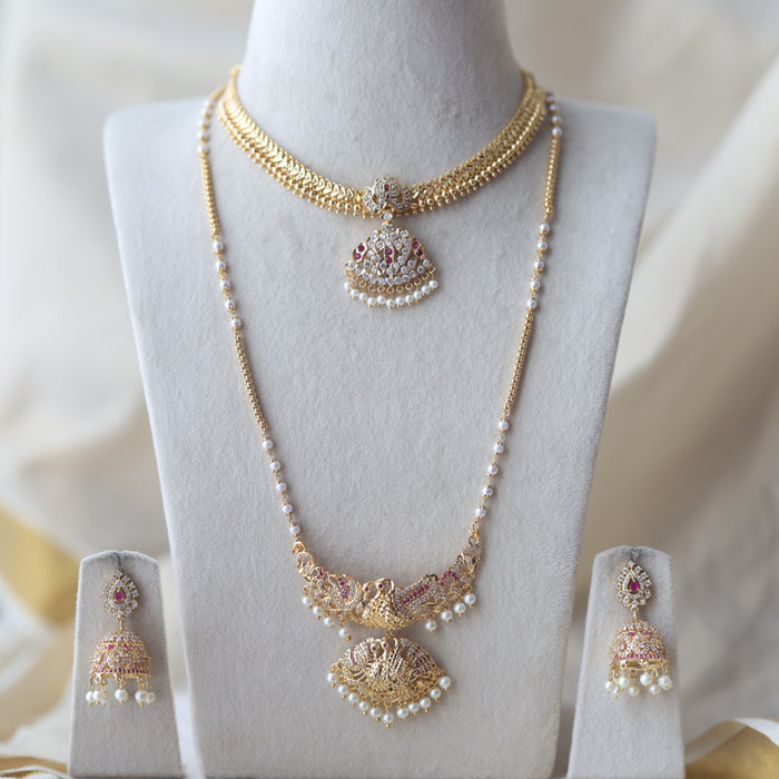 Heritage gold plated ruby white stone padakam long and short necklace with earrings HPS8866