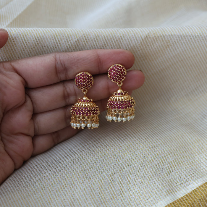 Heritage gold plated ruby stone jumka earrings HJ2738