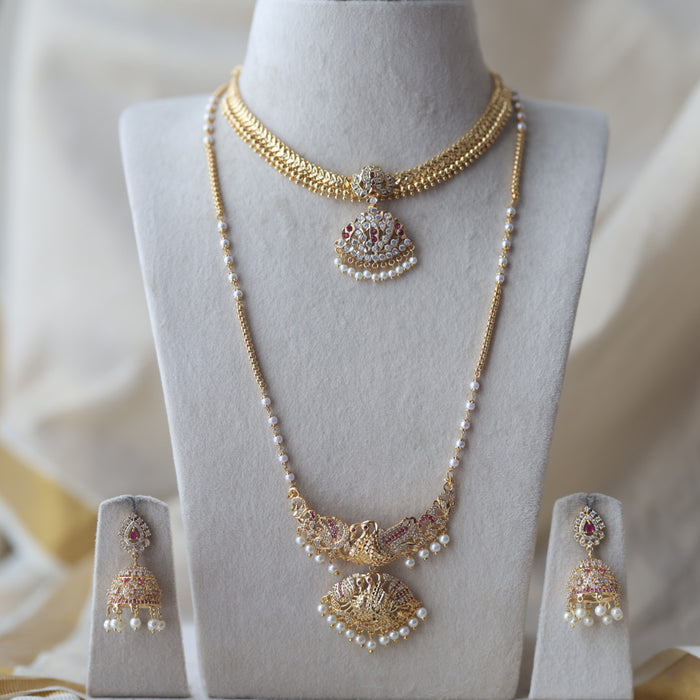Heritage gold plated ruby white stone padakam long and short necklace with earrings HPS8866