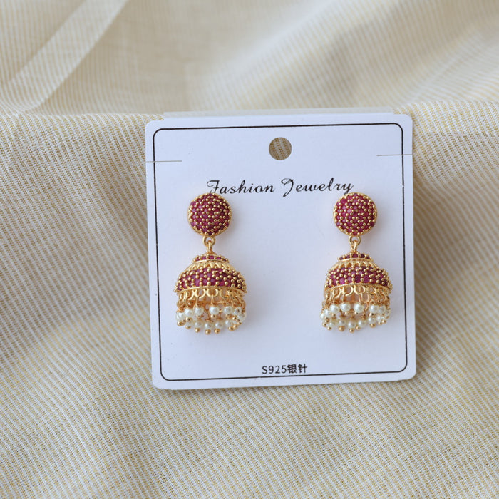 Heritage gold plated ruby stone jumka earrings HJ2738