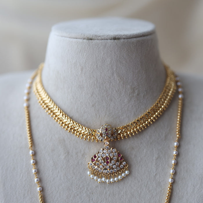 Heritage gold plated ruby white stone padakam long and short necklace with earrings HPS8866