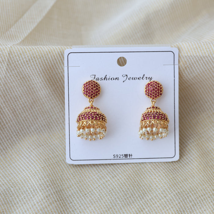 Heritage gold plated ruby stone jumka earrings HJ2738