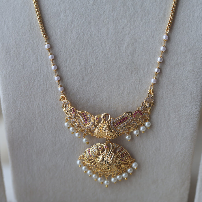 Heritage gold plated ruby white stone padakam long and short necklace with earrings HPS8866