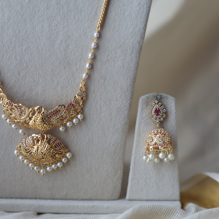 Heritage gold plated ruby white stone padakam long and short necklace with earrings HPS8866