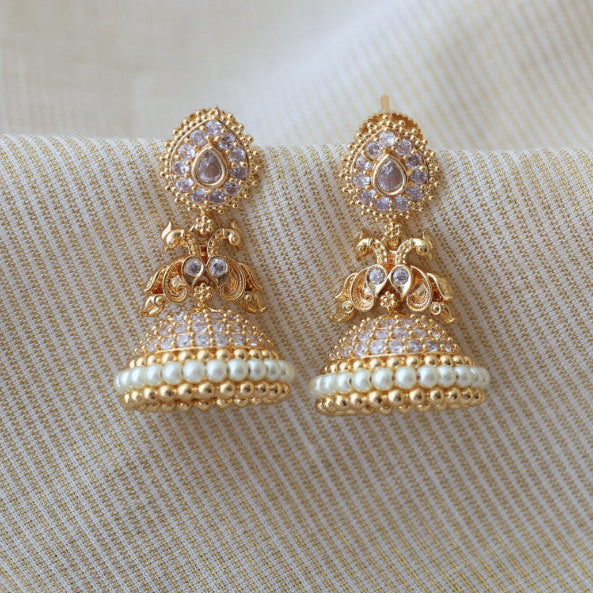 Heritage gold plated white stone jumka earrings HJ46677