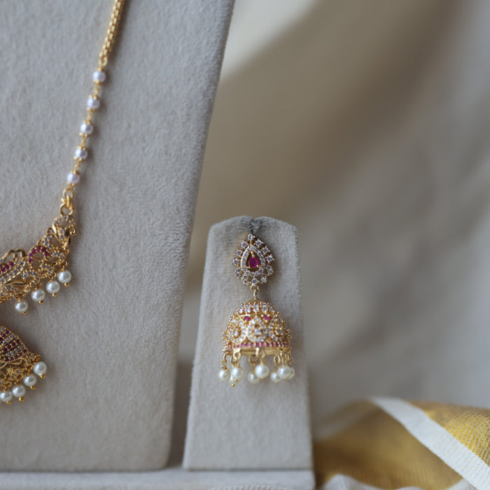 Heritage gold plated ruby white stone padakam long and short necklace with earrings HPS8866