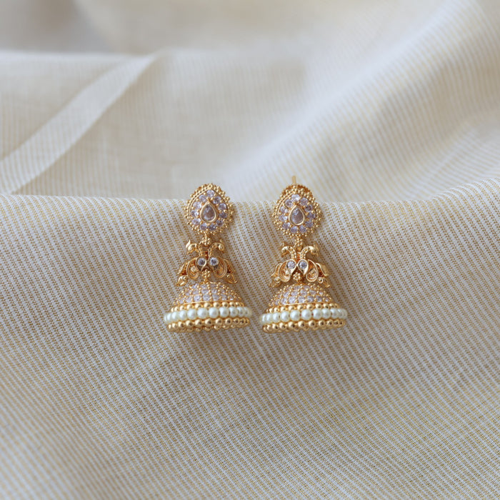 Heritage gold plated white stone jumka earrings HJ46677