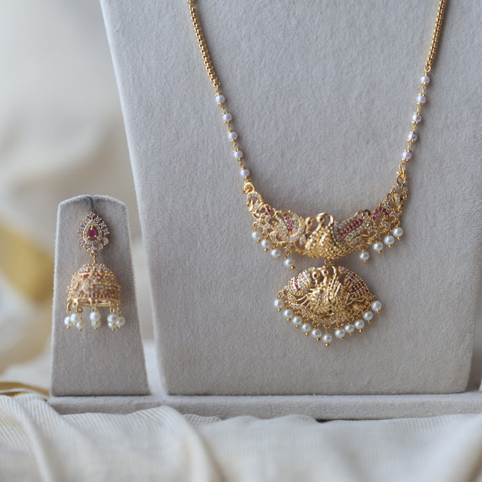 Heritage gold plated ruby white stone padakam long and short necklace with earrings HPS8866