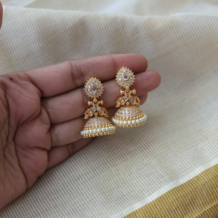 Heritage gold plated white stone jumka earrings HJ46677
