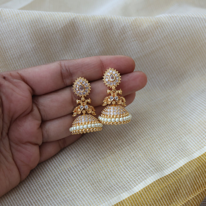 Heritage gold plated white stone jumka earrings HJ46677