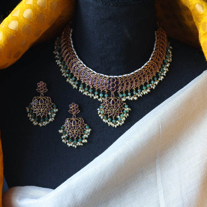 Antique ruby stone green bead short necklace with earrings AG562