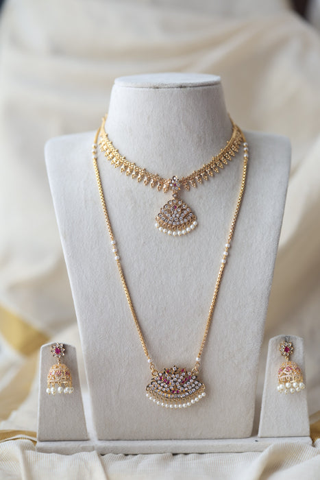 Heritage gold plated ruby white stone padakam long and short necklace with earrings HPS8941