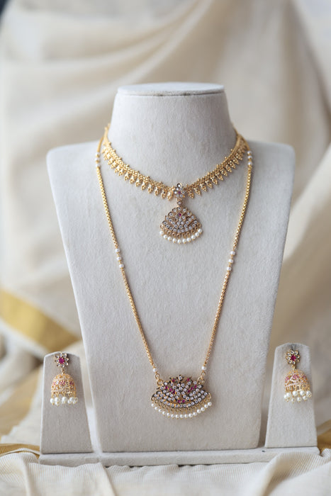 Heritage gold plated ruby white stone padakam long and short necklace with earrings HPS8941
