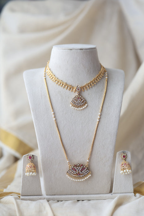 Heritage gold plated ruby white stone padakam long and short necklace with earrings HPS8941