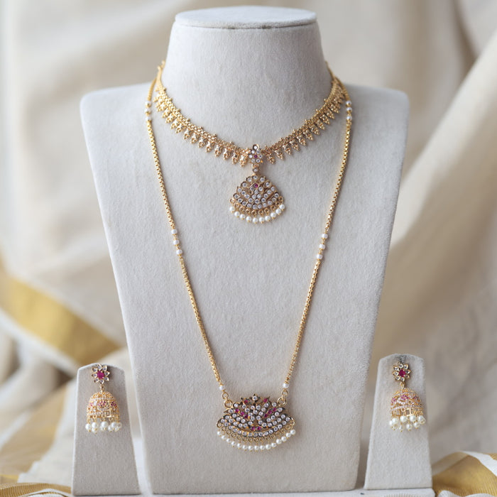Heritage gold plated ruby white stone padakam long and short necklace with earrings HPS8941