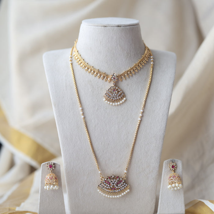 Heritage gold plated ruby white stone padakam long and short necklace with earrings HPS8941