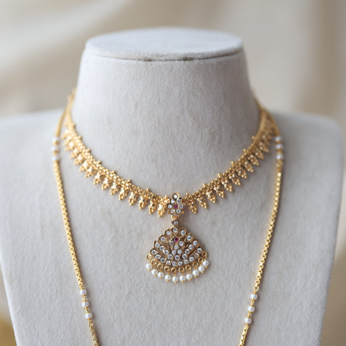 Heritage gold plated ruby white stone padakam long and short necklace with earrings HPS8941