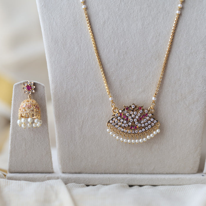 Heritage gold plated ruby white stone padakam long and short necklace with earrings HPS8941