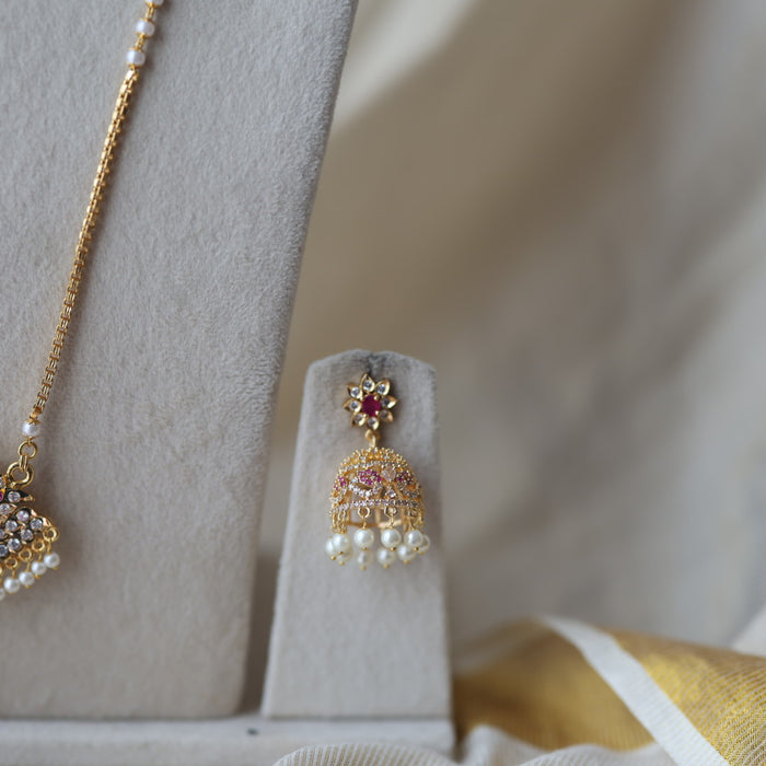 Heritage gold plated ruby white stone padakam long and short necklace with earrings HPS8941