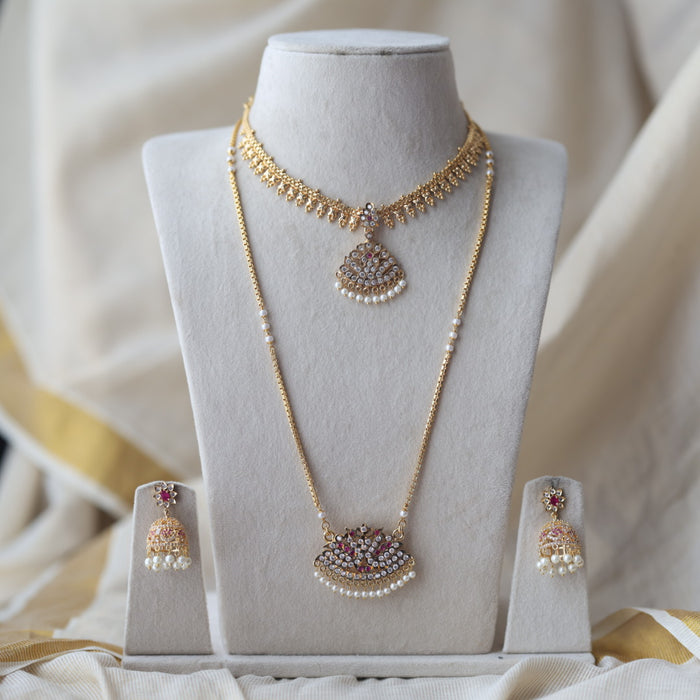 Heritage gold plated ruby white stone padakam long and short necklace with earrings HPS8941