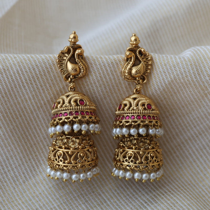 Antique gold ruby stone layer jumka earrings AJJ664-2
