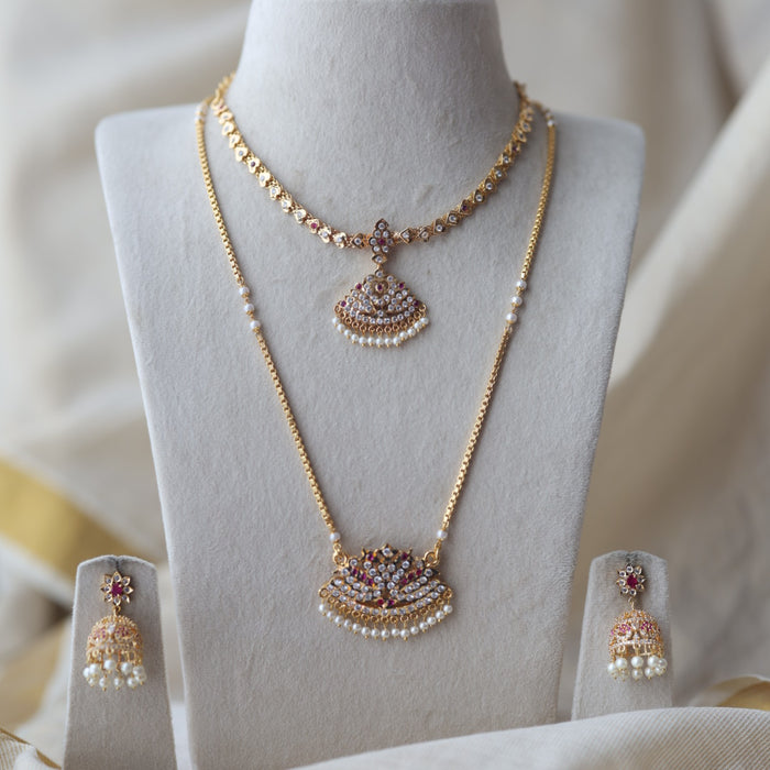 Heritage gold plated ruby white stone padakam long and short necklace with earrings HPS1390