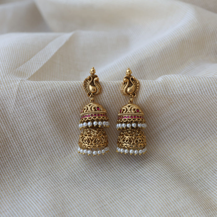 Antique gold ruby stone layer jumka earrings AJJ664-2