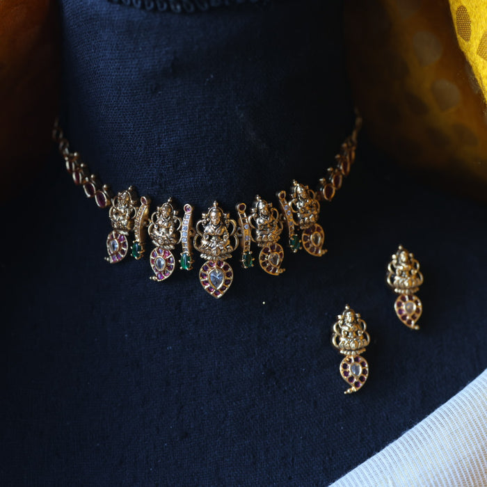 Antique temple design choker necklace with earrings CCB124578