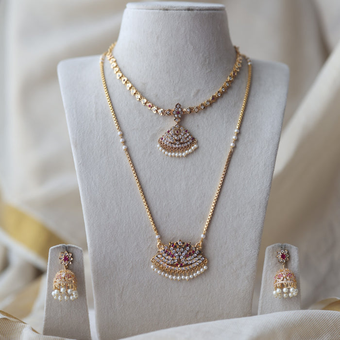 Heritage gold plated ruby white stone padakam long and short necklace with earrings HPS1390