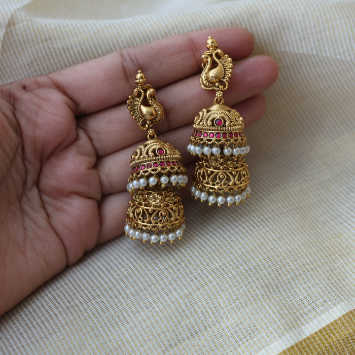 Antique gold ruby stone layer jumka earrings AJJ664-2