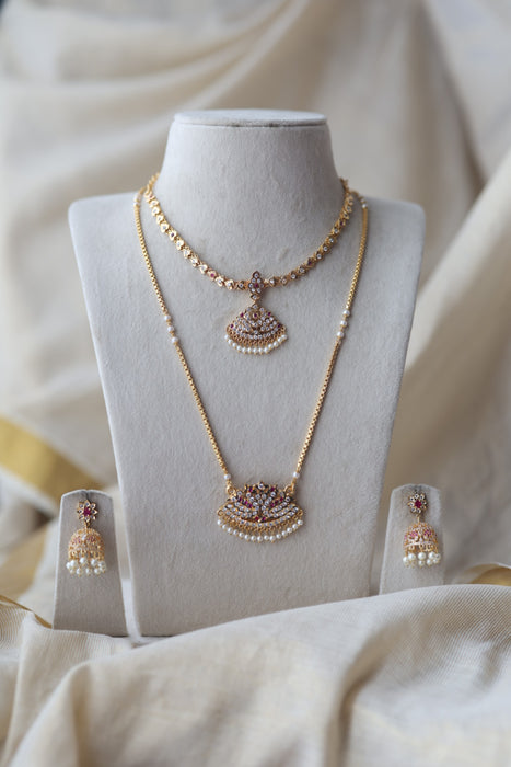 Heritage gold plated ruby white stone padakam long and short necklace with earrings HPS1390