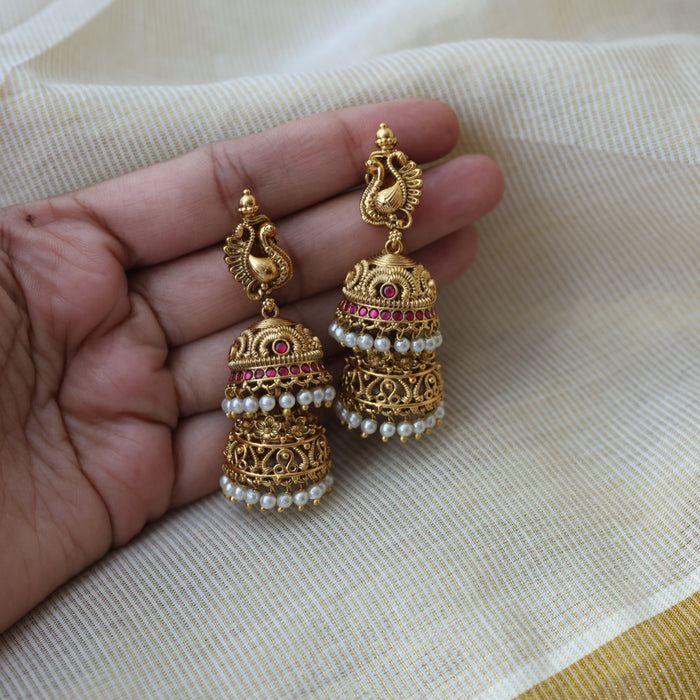 Antique gold ruby stone layer jumka earrings AJJ664-2