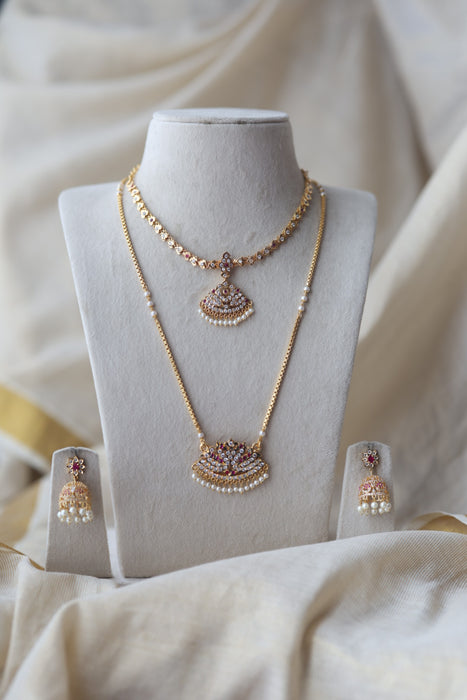 Heritage gold plated ruby white stone padakam long and short necklace with earrings HPS1390