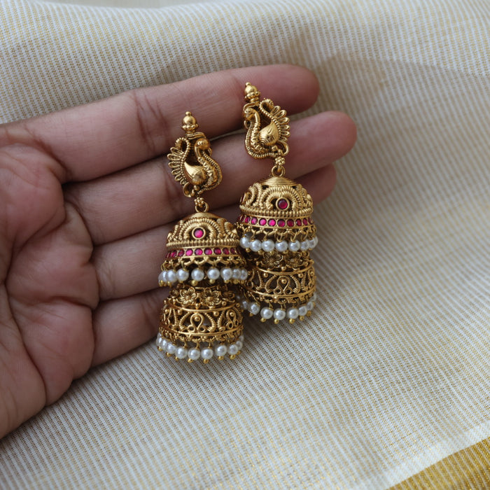 Antique gold ruby stone layer jumka earrings AJJ664-2