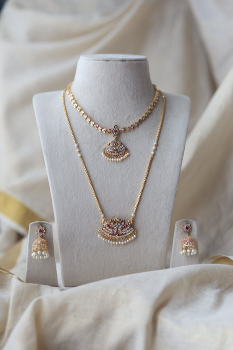 Heritage gold plated ruby white stone padakam long and short necklace with earrings HPS1390